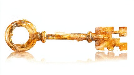 Poster - Vintage Golden Key with Watercolor Effect on White Background
