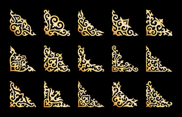 vector set of different gold ornaments in kazakh style isolated on a black background. oriental corn