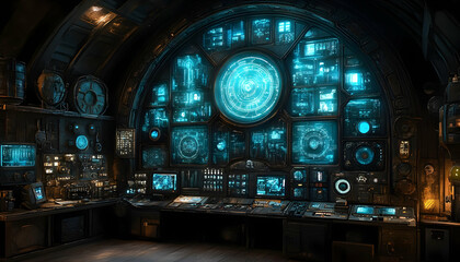 Poster - Futuristic control room;  intricate panels display glowing data, surrounded by vintage-style elements.  A central circular screen dominates