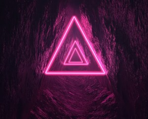 Poster - Neon Triangle Shapes in Dark Cave with Vibrant Pink Glow Effects