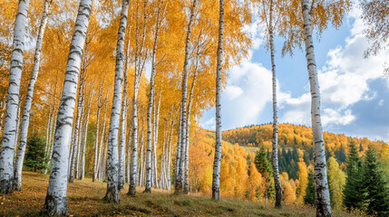 Aufkleber - Golden birch forest scene, showcasing tall, white-barked trees with yellow leaves against a partly cloudy sky, evoking serenity and autumnal beauty