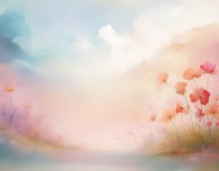 Wall Mural - Soft pastel watercolor blending into a dreamy abstract landscape. Great for artistic backgrounds, print materials, and social media graphics with copy space.