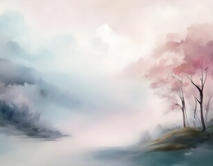 Wall Mural - Ethereal watercolor composition with light pastel hues and misty floral accents. Ideal for romantic designs, elegant backdrops, and wedding invitations.