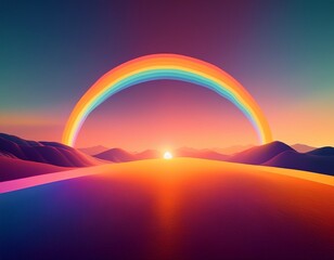 Wall Mural - Vibrant rainbow arching over sunrise-lit rolling dunes. Ideal for inspirational themes, nature backgrounds, or web designs requiring colorful scenic beauty.