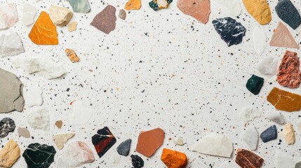 Poster - A captivating arrangement of various colorful stones creates a lively border around a light surface, inviting creativity and imaginative designs in art or decor