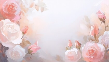 Wall Mural - Romantic floral border with pastel roses and a soft brushstroke effect. Ideal for wedding invitations, greeting cards, and feminine designs with space for text.