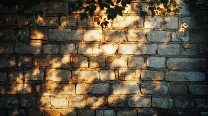 Poster - Golden rays filter through vibrant leaves, creating a tapestry of shadows on an aged stone wall. This tranquil moment captures the essence of nature's artistry in the afternoon light