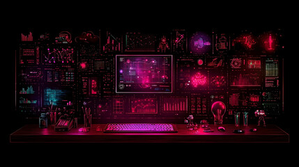Poster - Futuristic tech workspace with glowing screens displaying data visualizations and graphs.  A keyboard and mouse are on a dark desk