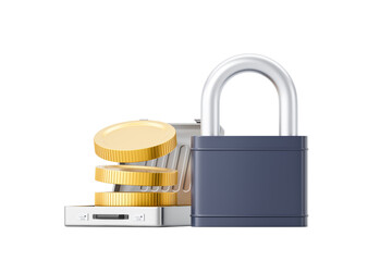 Poster - Padlock and stacked gold coins with an open metal case, isolated on white background. Concept of financial security, investment, and savings. 3D Rendering