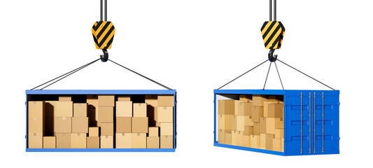 Poster - Two blue shipping containers filled with stacked cardboard boxes, suspended by crane hooks, isolated on a white background. Concept of logistics and freight transport. 3D Rendering