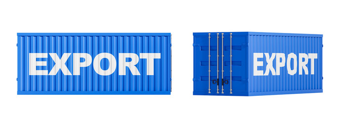 Poster - Blue shipping container with bold EXPORT text, isolated on white background. Industrial cargo and logistics concept. 3D Rendering