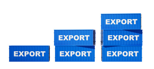 Poster - Blue shipping containers labeled EXPORT stacked in ascending order on a white background. Concept of global trade, logistics, and export business. 3D Rendering