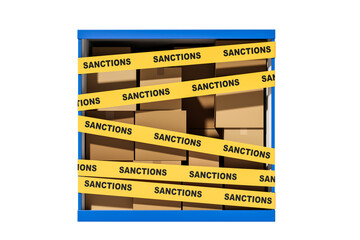 Poster - Shipping container packed with cardboard boxes, wrapped in yellow sanctions tape, isolated on white background. Concept of trade restrictions and embargo. 3D Rendering