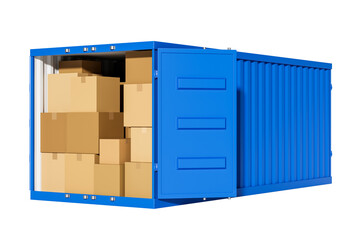 Poster - Open blue shipping container filled with stacked cardboard boxes, isolated on a white background. Concept of transportation, cargo, and logistics. 3D Rendering