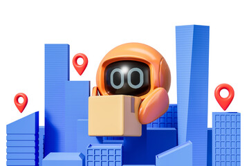 Poster - Delivery robot holding a package in a futuristic blue cityscape with red location pins, on a white background. Concept of technology and logistics automation. 3D Rendering