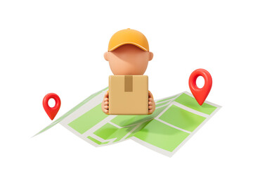 Poster - 3D rendering of a delivery man holding a package, standing in front of a green map with red location pins, isolated on a white background. Concept of logistics