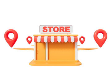 Poster - Small yellow store with red and white awning, surrounded by red location pins, isolated on a white background. Concept of local business and navigation. 3D Rendering