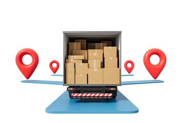 Poster - Truck loaded with cardboard boxes on a blue pathway with red location pins, symbolizing delivery logistics and shipping services. Isolated on white background. 3D Rendering