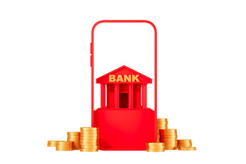 Poster - Red bank building inside smartphone frame with golden coins around, isolated on white background. Concept of digital banking, finance, and online transactions. 3D Rendering