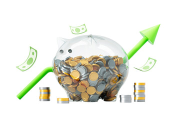 Poster - Transparent piggy bank filled with gold and silver coins, surrounded by floating dollar bills and a green upward arrow, isolated on a white background. 3D Rendering