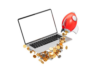 Poster - Laptop with blank screen and red rocket pouring gold coins, symbolizing online earnings and digital wealth. Isolated on white background. 3D Rendering