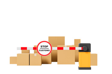 Poster - Customs stop barrier with red and white sign blocking stacked cardboard boxes, isolated on white background. Concept of shipping restrictions. 3D Rendering