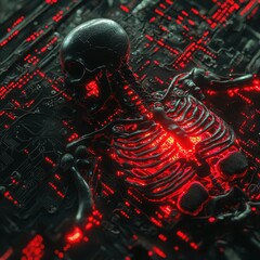 Poster - Futuristic Skeleton on Cyber Circuit Board with Glowing Red Details
