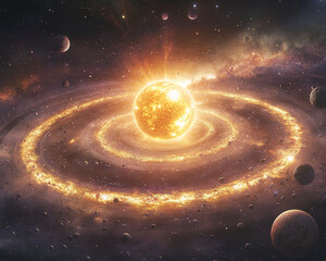 Poster - Bright star at center, surrounded by swirling golden rings and asteroids, creating a cosmic scene, showcasing power and energy of universe