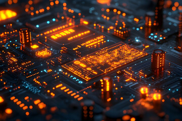 Poster - Glowing circuitry close-up, intricate details, orange and blue hues, technological design