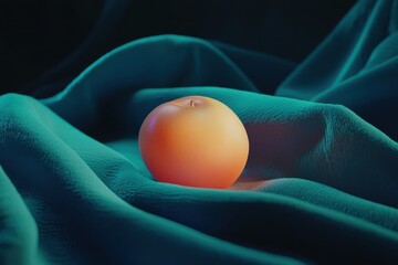 Poster - Delicate Orange Sphere on Soft Teal Fabric Under Gentle Lighting