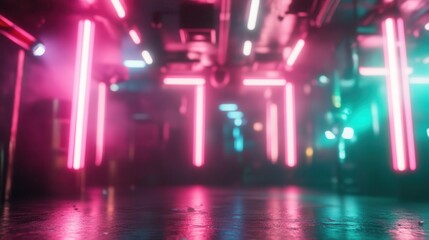 Poster - A captivating scene showcasing vibrant, colorful neon lights illuminating a modern urban setting, creating an energetic and lively atmosphere for creativity and exploration.