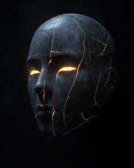 Poster - Cracked Dark Sculpture with Glowing Eyes and Mysterious Aura
