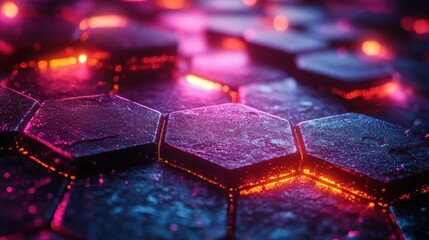 Poster - A striking arrangement of hexagons adorned with radiant lights creates a stunning artistic scene, illustrating the harmonious blend of technology and creative aesthetics in a modern setting.