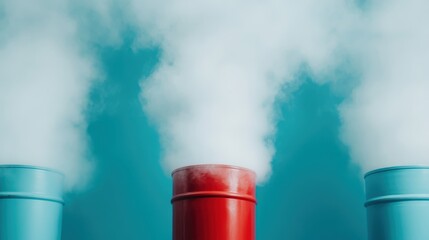 Poster - Three colorful pipes release steam into the sky, showcasing an artistic spin on industrial structures and the relationship between art and technology.