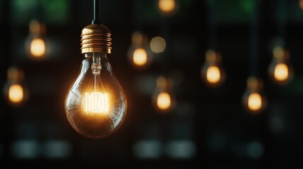 Poster - This image showcases a beautiful warm light bulb shining brightly against a dark backdrop, serving as a symbol of creativity and elegant design in modern decor.