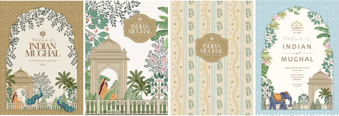 mughal pichwai garden.vector illustration of temple, pillar arch, tropical plant, peacock, elephant,