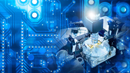 Poster - Production of digital boards. Semiconductor manufacturing machine. Robot creates microprocessor. Industrial equipment for creating microboards. PCB soldering machine. Manufacturing of digital boards.