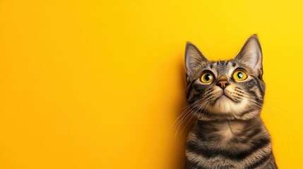 Poster - A striking image showcasing a striped cat with bright yellow eyes, set against a sunshine yellow backdrop, radiating warmth and charm, evoking feelings of comfort and curiosity.