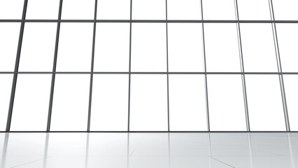 Poster - Interior of spacious room with glass wall. Empty airport terminal. Bright room with panoramic glazing. Building with light floor, view from inside. Interior of modern business center. 3d image
