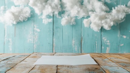 Poster - A blank sheet of paper rests on a rustic wooden table, with fluffy white clouds in the background, evoking creativity, inspiration, and a serene mood ideal for artistic use.