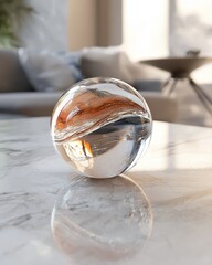 Poster - Glass sphere with swirling patterns reflecting light on marble surface