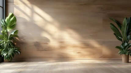Poster - a spacious and bright room showcasing large plants against textured wooden walls, highlighted by sof