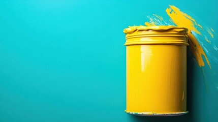 Poster - This vibrant image captures a full can of yellow paint beside a striking teal wall with strokes of yellow, perfect for showcasing home renovation or artistic endeavors.