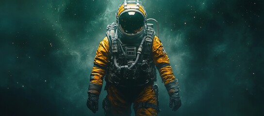 Wall Mural - a man in a spacesuit is standing background. a stunning nebula in the universe
