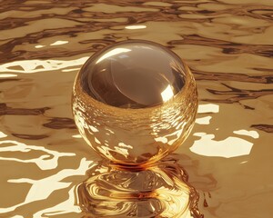 Poster - Golden Sphere on Reflective Surface with Fluid Patterns and Light