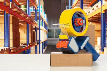 Poster - Dispenser with tape near box. Packaging goods in warehouse. Dispenser with tape on table in storage area. Packing parcels before shipping. Yellow duct tape. Packaging materials in warehouse building