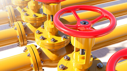 Poster - yellow gas pipes. pipeline for oil supply. pipes with red valves. valve for shutting off gas supplie