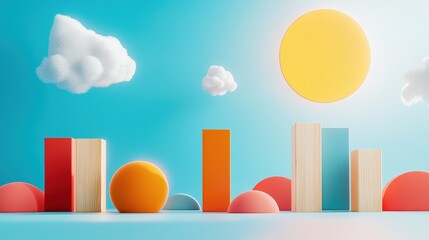 Poster - A vibrant scene with colorful geometric shapes, clouds, and a sun against a bright blue background, evoking a playful and imaginative atmosphere.