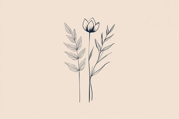 Poster - Delicate fern leaves and a blooming lotus are elegantly depicted in flowing black ink lines on a soft beige background, exemplifying modern minimalist design aesthetics