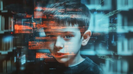 Poster - A young boy gazes thoughtfully amidst a digital overlay of data in a library, symbolizing knowledge and technology's impact